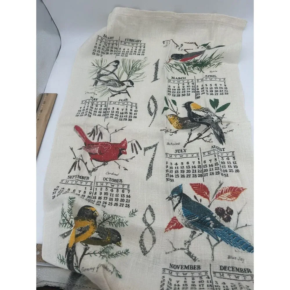 Vintage 1978 Calendar‎ Tea Towel Birds  Linen 16x27 For Hanging Display